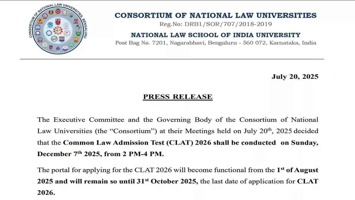 CLAT 2026 Registration Date Extended: Candidates Can Now Apply Till November 7, Exam Scheduled for December 7